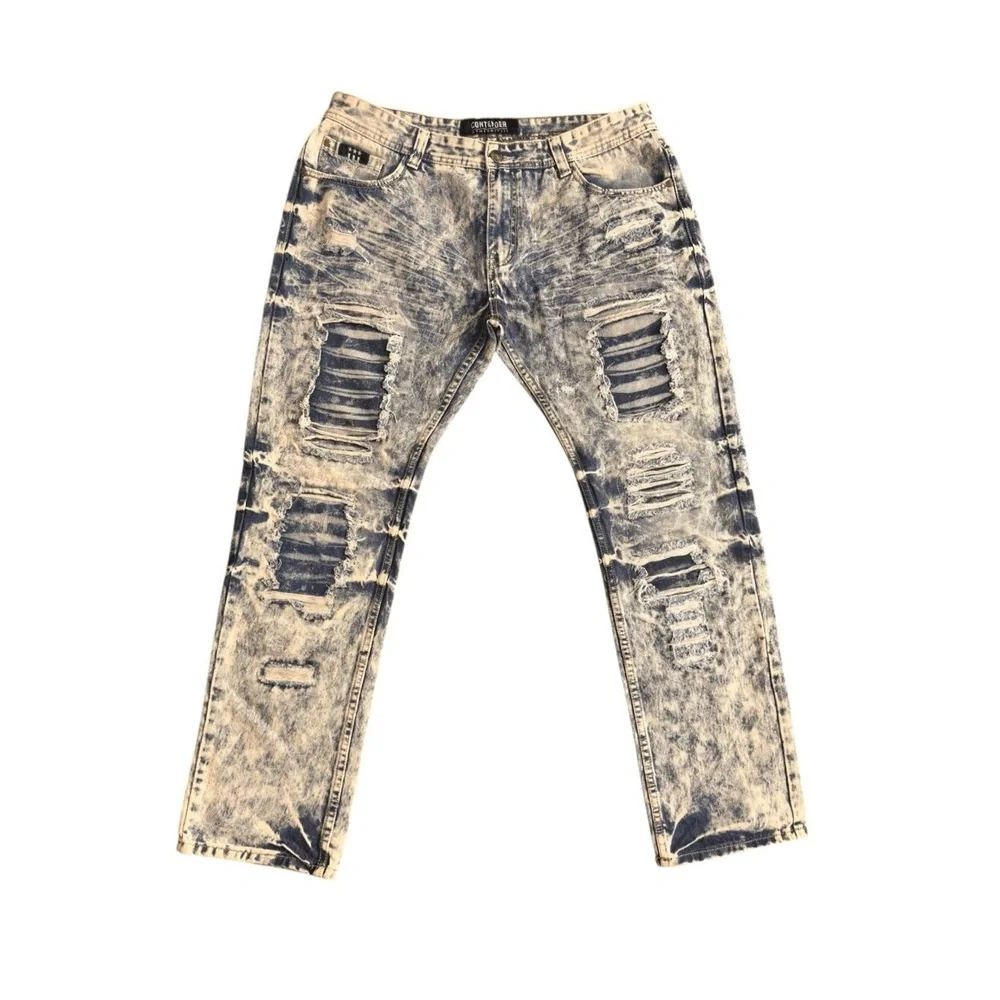Contender Jeans Mens Blue Acid Wash Distressed Frayed Stacked‎ Streetwear Grunge